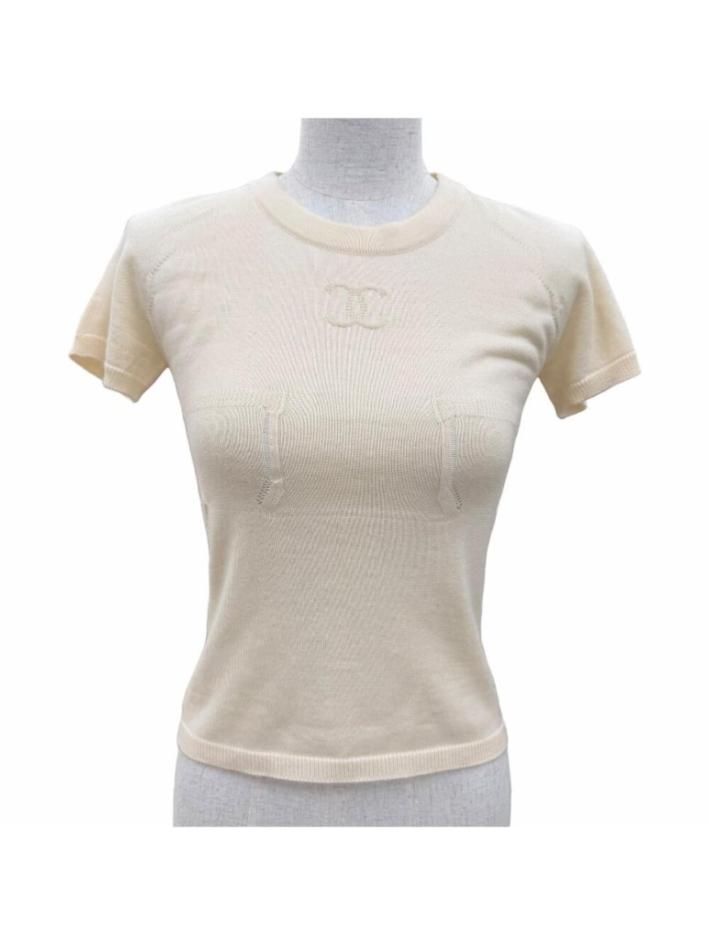 Chanel 04c Cashmere 100% CC Logo Embossed Cropped Short Sleeve Knit Beige 36